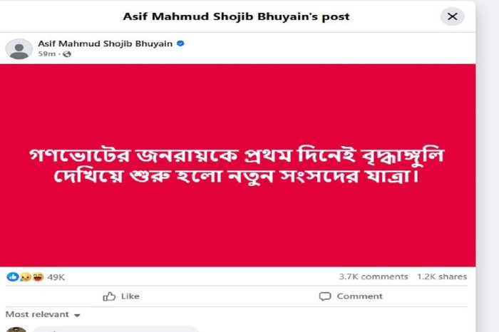 গণভোটের জনরায়কে প্রথম দিনেই বৃদ্ধাঙ্গুলি দেখিয়ে শুরু হলো নতুন সংসদের যাত্রা : আসিফ মাহমুদ