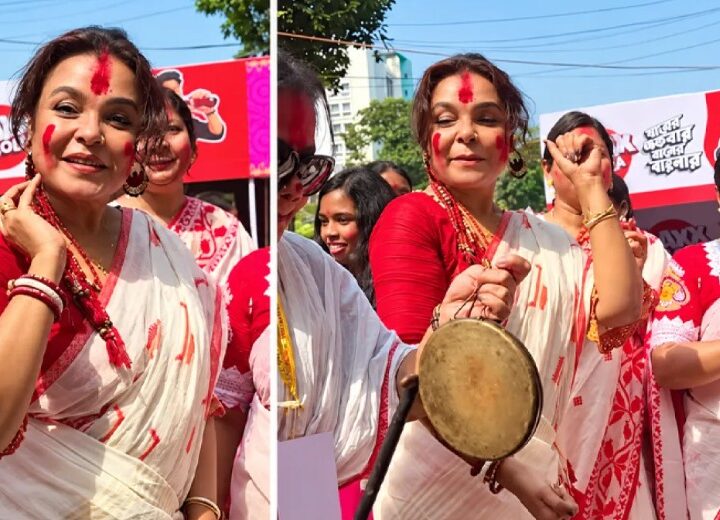 ঢাকেশ্বরী মন্দিরে ঢাকের তালে নাচলেন শাওন, মাতলেন সিঁদুর খেলায়